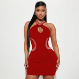 MALYBGG Sexy Bodycon Dress with Hollow Design Hotfix Rhinestones and Halter Neck 6873LY