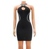 MALYBGG Sexy Bodycon Dress with Hollow Design Hotfix Rhinestones and Halter Neck 6873LY