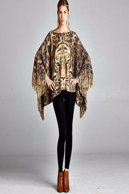 MB Fashion Cozy Tiger Print Fringed Poncho One Size P 73