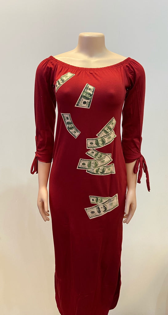 MB FASHION Off-Shoulder Money Print Midi Dress with Tie Sleeves 1507 | MB Fashion Wholesale MB FASHION Off-Shoulder Money Print Midi Dress with Tie Sleeves 1507 | MB Fashion Wholesale