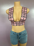 MB FASHION Plunging Neck Disco Text Crop Top 1594R